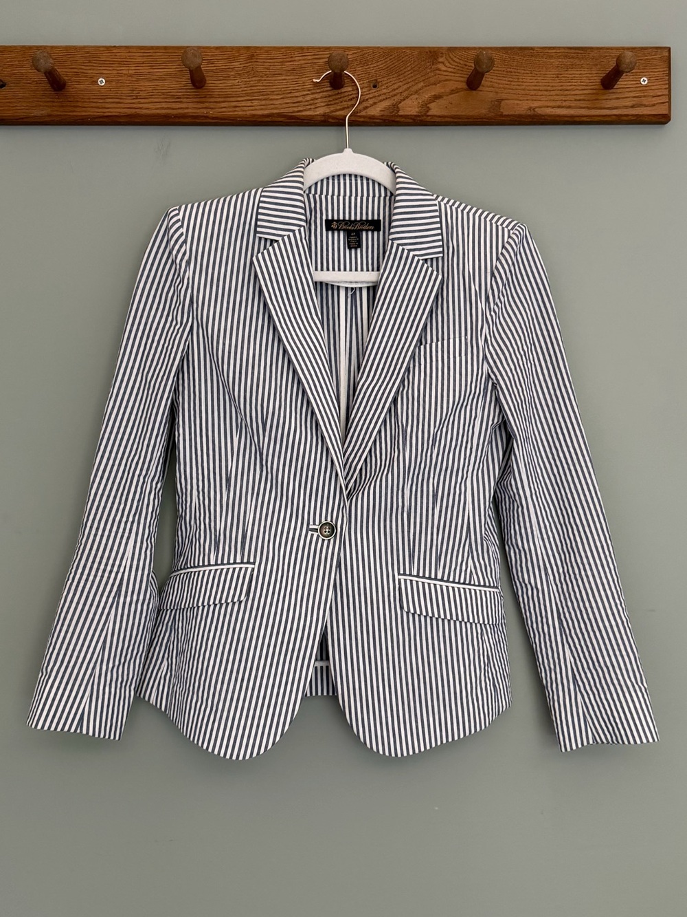 Brooks Brothers Seersucker Blue White Stripe Nautical Cotton One Button Blazer
